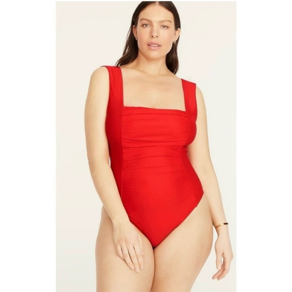 J Crew Red Ruched Squareneck One Piece Swimsuit Size 24 NWT